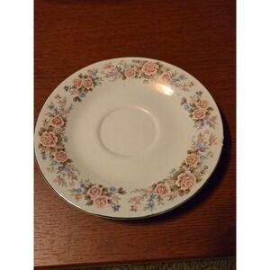 Vintage Made in China Porcelain Saucer Pink Rose Blue Floral‎ Silver Trim White